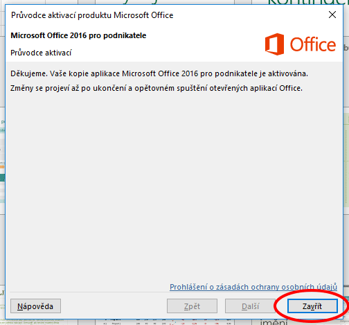 Dokončení telefonické aktivace MS Office 2016